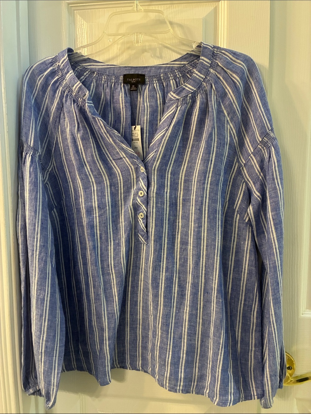 NWT Talbots Blue and White Striped Linen-Blend Lantern Sleeve Popover Top SZ MP